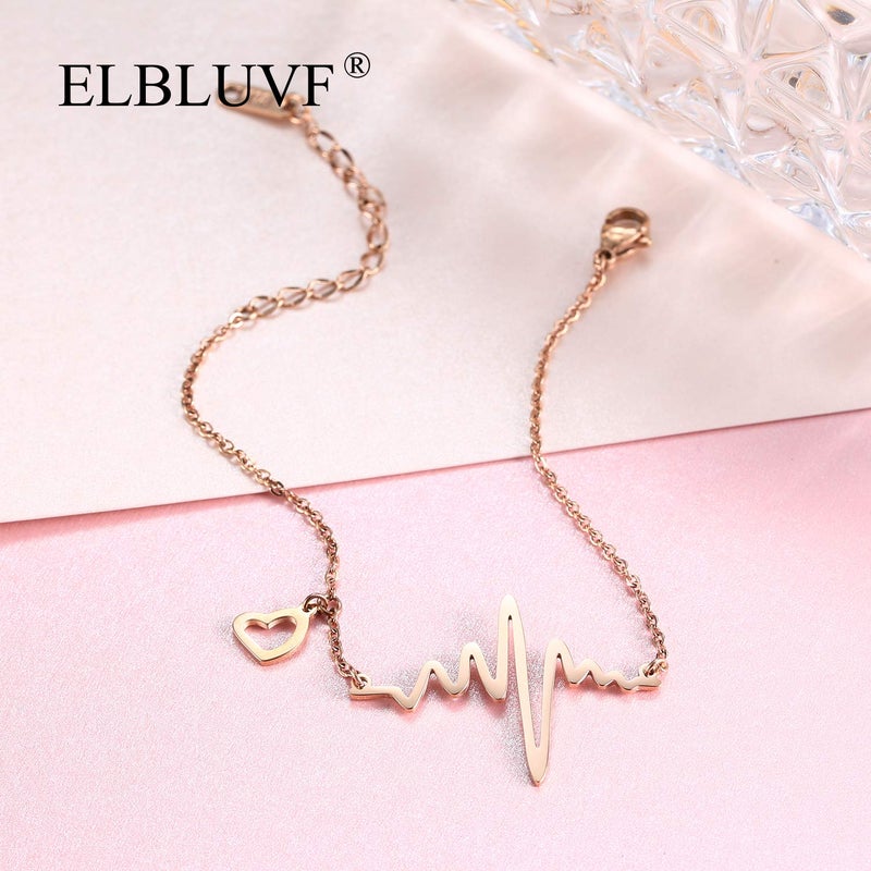 ELBLUVF Stainless Steel 18k Rose Gold Plated EKG Heartbeat Love Cardiogram Adjustable Bracelet Jewelry for Women 3 Colors (Rose gold) - Image 3